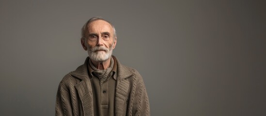 Elderly gentleman posing alone on gray backdrop, representing aging and being a senior.