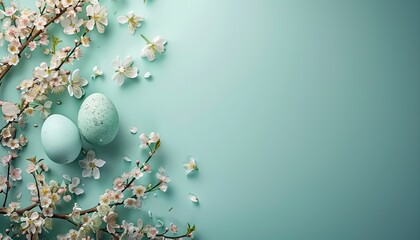 Wall Mural - Easter eggs and spring flowers on green background. Top view, flat lay, copy space