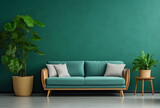 Fototapeta Miasta - A green sofa with two plants on the sides on a dark green wall
