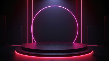 Wall Mural - Neon stage background, empty futuristic podium with led lighting, interior of abstract modern dark room to show product. Concept of studio, display, stand, future, platform