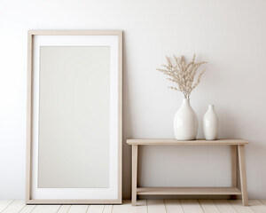 An empty frame resting on the ground and a small table with two vases, mockup