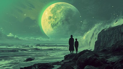 Canvas Print - Man and woman looking at the moon on the sea