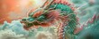 Chinese green dragon with 3D colorful fractal scale that look like glass, shiny white pearl on the body, coral horns, pastel color clouds, close - up shot, visual development