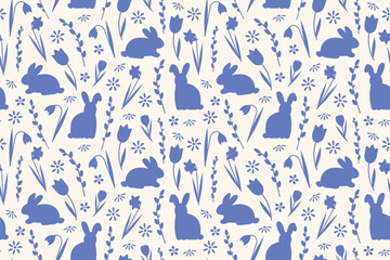 blue easter seamless pattern with rabbits, pussy willow twigs and spring flowers - vector illustrati