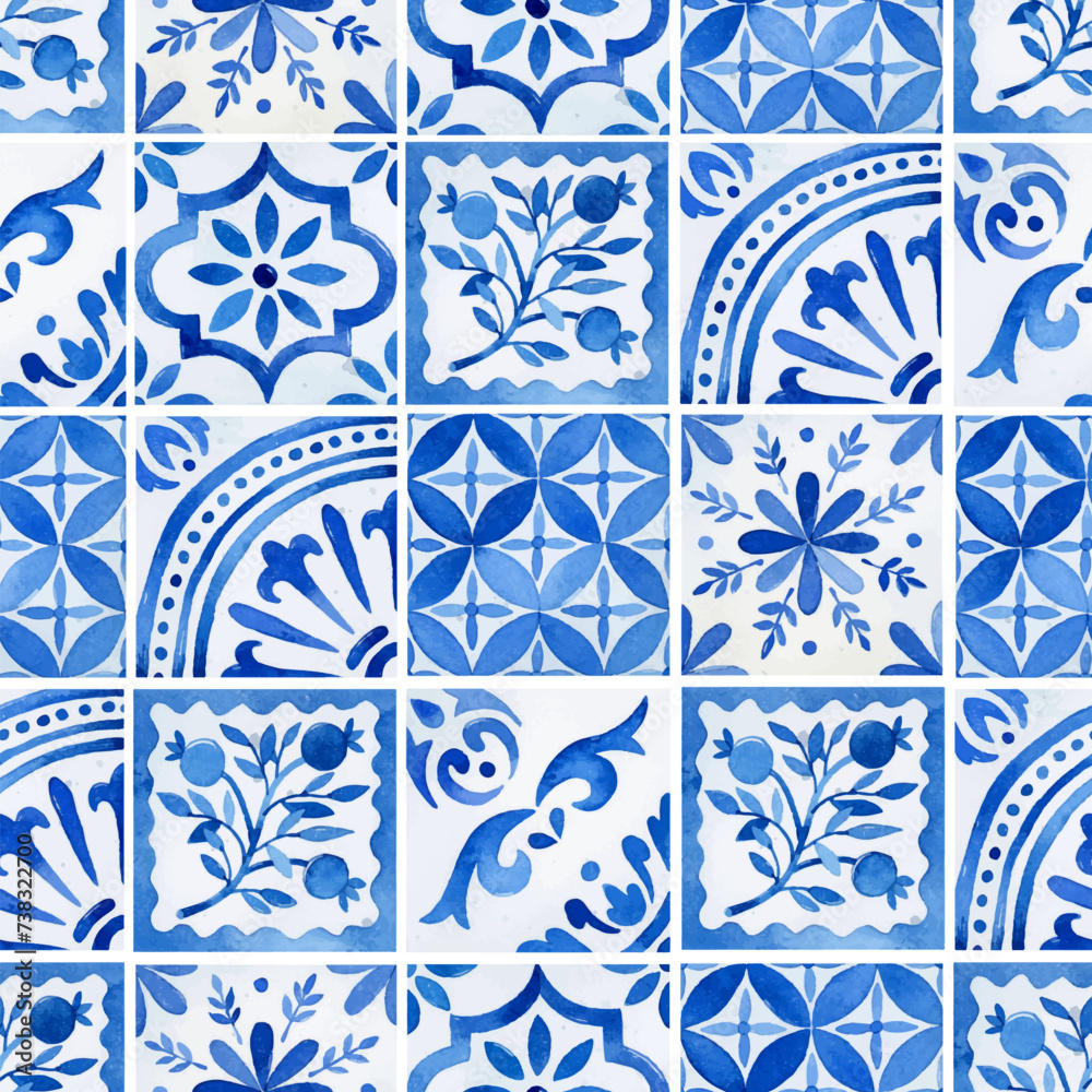Watercolor blue floral azulejo tiles seamless pattern for wallpaper ...