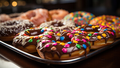 Sticker - Homemade donut with chocolate icing on wooden table generated by AI