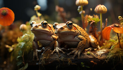 Canvas Print - Cute toad sitting on wet leaf in forest generated by AI