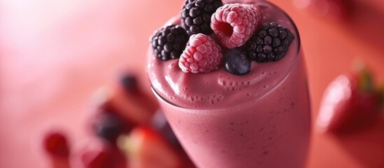 Soft focus glass containing a tasty smoothie with blackberries, raspberries, and blueberries, topped with fresh berries.