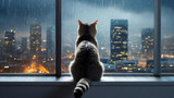 Fototapeta  - The cat sits on the window sill and looks out at the skyscrapers on a rainy night.