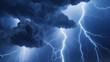 A dramatic lightning strike illuminates a cloudy blue sky, creating a vibrant contrast.