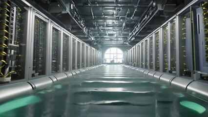 Aufkleber - highcapacity data center room featuring numerous rows of servers, showcasing the infrastructure powering modern technology, 3D render of an underwater data center harnessing tidal energy, AI Generated