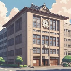 Wall Mural - high school facade building with time clock in japan traditional classic style visible in cartoon anime manga