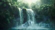 A Waterfall In A Tropical Jungle,,
Majestic Falls Surrounded By Lush Tropical Vegetation