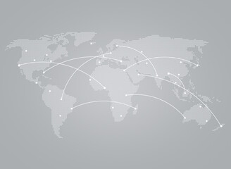 Poster - White world map made of small triangles on gray background with curving lines or flight paths connecting white dots as cities. Global communications and transportation, travelling and globalization.