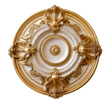 Gold Ornate Ceiling Medallion Isolated On White Transparent Background, Png. Circular Decorative Ceiling Medallions Architectural Elements	
