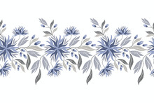 Vintage Blue Floral Pattern Seamless Rose Flower Motifs Border Background Frame Embroidery. Ethnic Ikat Pattern Paisley Design. Bohemian Grey Blue Colour Vector Illustration Hand Drawn. 