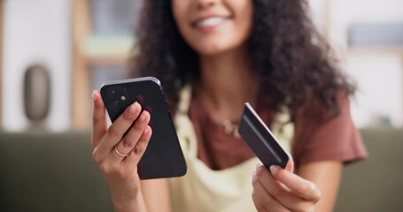 Poster - Hands, phone and credit card for online shopping with woman closeup on sofa in living room of home. Finance, ecommerce and payment with happy person in apartment as customer for fintech banking