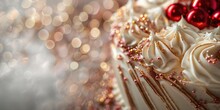 Close Up Of A Delicate White Birthday Cake With Gold Glitter And Confetti, Decorated With Red Glitter Berries. Luxury Background Of Sweet Dessert With Copy Space