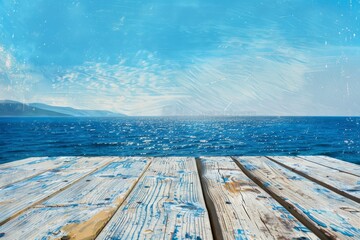 Wall Mural - wooden table set over the blue sky of sea Generative AI