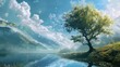 © c80 - A serene painting of a majestic tree standing tall next to a crystal clear lake, with a backdrop of rolling mountains and a sky filled with fluffy clouds, capturing the beauty of nature in its purest
