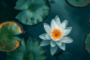Wall Mural - Serene white lotus flower blooming on dark water, surrounded by green lily pads with a glow at their edges