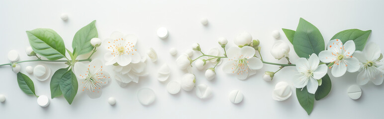 herbal medicine banner and header for bookmarks and sites. ethereal light and white flowers; clean p