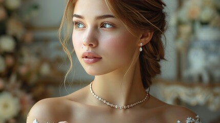 Poster - gold jewelry with a diamond on the girl's neck, she touches it, side view