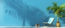 A Beach Chair Under A Palm Tree With A Blue Wall Background And A Bag.