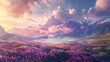 Amidst the tranquil beauty of a mountain landscape, a field of vibrant flowers bask in the ever-changing sky, painted with hues of purple and gold by the rising and setting sun