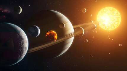  Fictional Solar System with Planets and Moons in Space