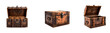 © design - mediaeval opened unlocked and closed locked treasure antique vintage chest with gothic or middle ages pirate crate engravement, old wooden game asset set isolated on transparent png background cutout