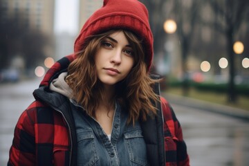 Portrait of a beautiful young woman in a red jacket on the street