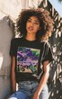 © Dina - pixelated Graphic Tee. A model wearing a graphic t-shirt with a pixel art design