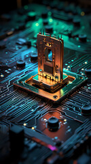 Poster - 
Futuristic Processor Chip on Circuit Board.

A detailed image of a futuristic processor socket on a circuit board, highlighting technology, computing power, and modern electronics design.