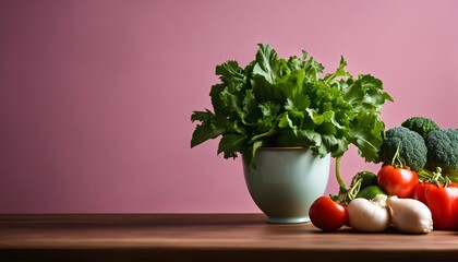 Wall Mural - Healthy bowl of assorted vegetables next to indoor potted flora on a table