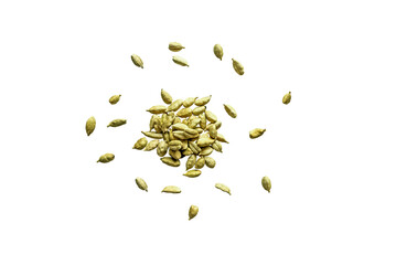 close-up of a pile of organic dry cardamom seeds isolated on a transparent background without shadow from above, top view, png