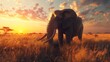 An elephant in Africa with either a sunrise or sunset in the background.