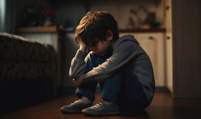 A young child with head in hands sitting in the corner of his room in a depression stress or frustration, bullying at school problem