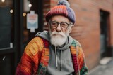 Fototapeta  - Portrait of a senior man with gray beard and mustache in a colorful knitted hat and coat on the street.