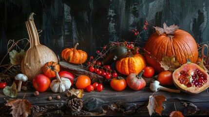 Wall Mural - Autumn nature concept. Fall fruit and vegetables on wood. Thanksgiving dinner