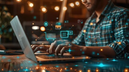 Poster - Digital marketing. Businessman using modern interface payments online shopping and icon customer network connection on virtual screen. Business innovation technology