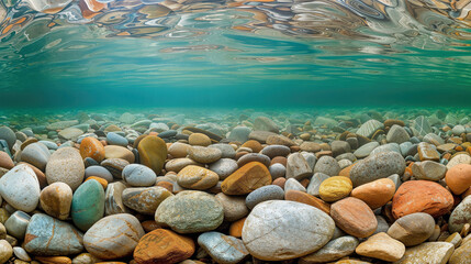 Wall Mural - Looking underwater at smooth river bottom rocks