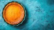 Fresh round bright orange homemade pumpkin pie in baking dish on turquoise table