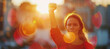 A powerful image of a woman raising her fist in a symbol of empowerment, Feminism, Women day, blurred background, with copy space