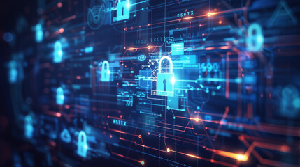 digital concept of cybersecurity displaying glowing blue padlock icons as a metaphor for network sec
