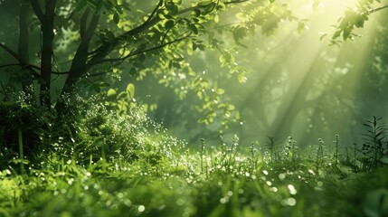 Wall Mural - Sunlight in the green forest, spring time