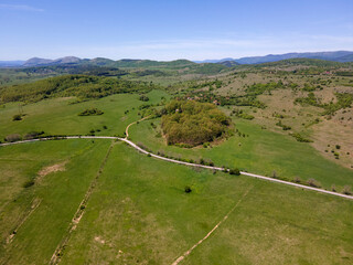 Spring Aerial view of rural land near town of Godech, Bulgaria