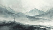 Monochromatic Artistic Landscape of Mountainous Region with Solitary Cross Symbolizing Christian Faith, Spirituality, Memorialization, Serene Watercolor Style Scenery Embodying Atmospheric and Somber 