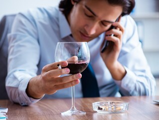 Poster - Male employee drinking alcohol and smoking cigarettes at workpla