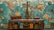 Global Journey Collage: Vintage Suitcases, World Maps, and Iconic Landmarks with Passport Stamps